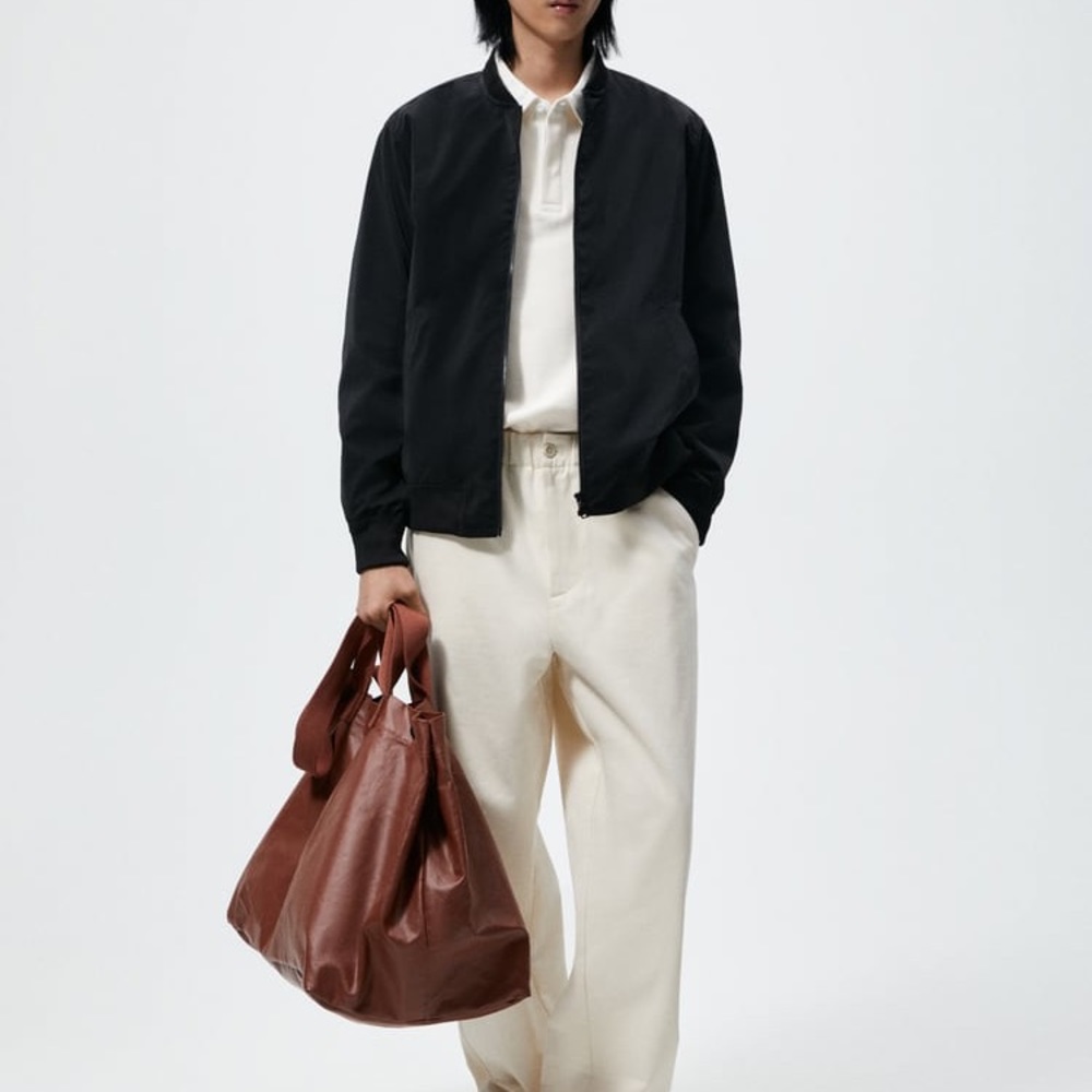 Zara Man Basic Nylon Jacket with ribbed neckline and ribbed hem
